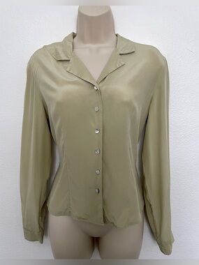 Casual Corner 100% Silk Light Olive Button-Front Long-Sleeve Women's Blouse 8P